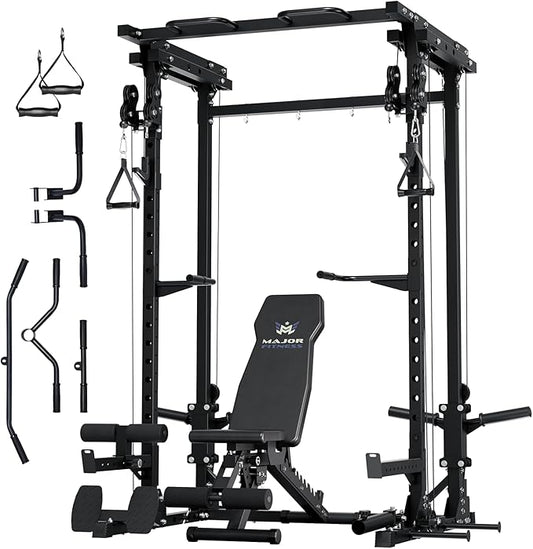 MAJOR FITNESS Drone3 Power Rack, Multi-Function Home Gym Squat Rack with Pull-Up Bar, Cable Crossover & J-Hooks, Heavy-Duty Steel Frame for Maximum Stability & Strength Training