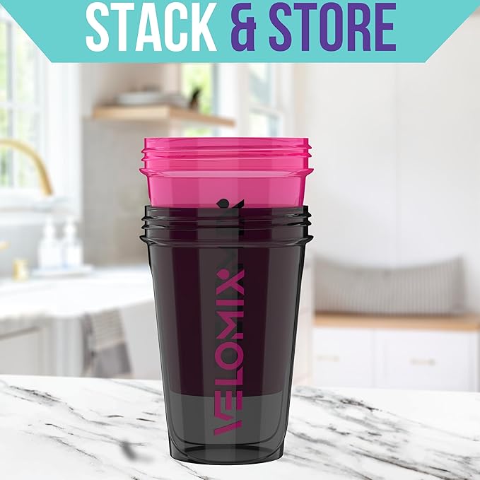 VELOMIX -2 Pack- 20 oz Protein Shaker Bottles for Protein Mixes - 2x Wire Whisk | Leak Proof Shaker Cups for Protein Shakes and Pre Workout | Protein Shaker Bottle Pack (Black/Pink)