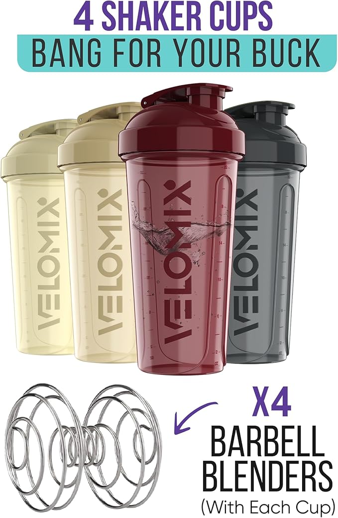 VELOMIX -4 PACK- 28 oz Protein Shaker Bottle for Protein Mixes - 4x Wire Whisk | Leak Proof Shaker Cups for Protein Shakes | Protein Shaker Bottle Pack | Protein Shake Cup (Burgundy Pack)