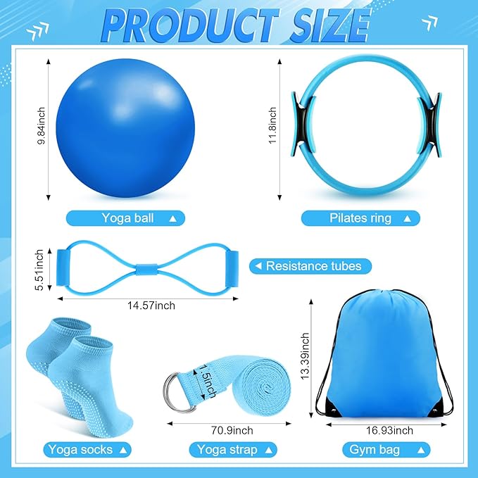 Poen 18 Pcs Pilates Ring Kit Home Pilates Ring Circle and Ball Set for Women Yoga Fitness Set with 5 Resistance Band Stretching Strap Non Slip Sock Ball Core Slider Wristband Headband Gym Bag