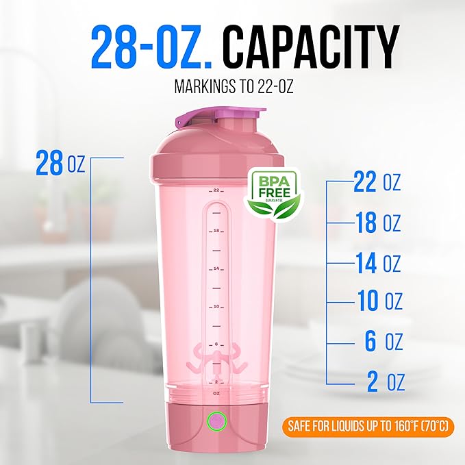VELOMIX Electric Protein Shaker Bottle - 24 oz | USB-C Rechargeable | Leak Proof Shaker Cups for Protein Shakes | Portable Blender for Shakes and Smoothies (Electric - Pink)