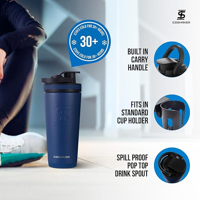 Ice Shaker Insulated Stainless Steel Shaker Bottle | 26oz, Navy | Cold for 30+ Hours | Insulated Cup with Twist-on Agitator | Odor-Free Bottle for Protein Shakes, Water, Smoothies, Cocktails