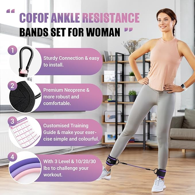 Ankle Resistance Bands With Cuffs for Working Out, Kickbacks, Hip, Leg and Glute Exercise - Training Poster Included - for Women