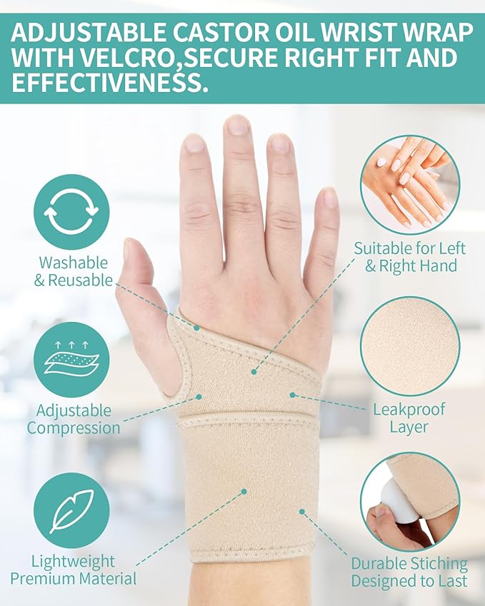 2PCS Castor Oil Pack Wrap for Hand Wrap Wrist Brace for Carpal Tunnel Relief,Adjustable Reusable Compression Support for Women & Men, Right & Left Hands,Castor Oil Not Included