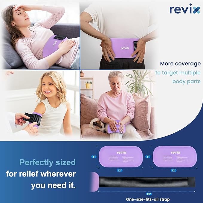 REVIX Reusable Ice Packs for Injuries, 2 Gel Ice Packs Set, Soft Hot & Cold Therapy for Shoulder, Back, Knee, Abdomen, Soothing Discomfort and Fatigue, 12" x 6" Purple