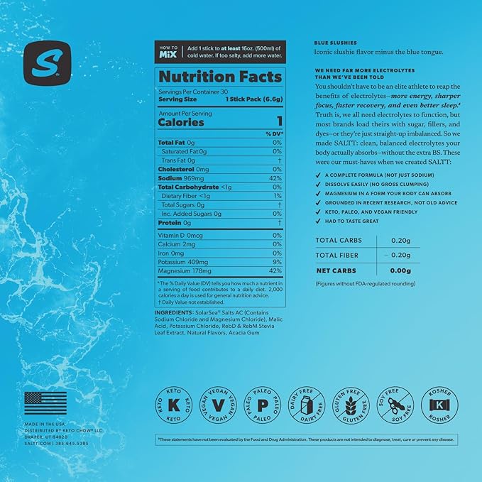 SALTT Electrolytes Powder Flavored Drink Mix - Blue Slushies - 30 Hydration Packets - Magnesium, Potassium, Sodium, Trace Minerals - Zero Sugar & Gluten Free - Travel Essentials
