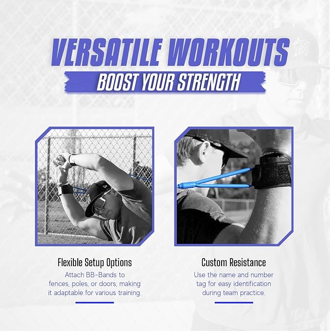 BB Bands Baseball Softball Resistance Training Bands - Arm Strength, Pitching Conditioning Equipment, 3 Strengths (Youth, Adult, Heavy), 7 Colors, Includes Anchor Strap, Door Mount, Bag, Workout Guide