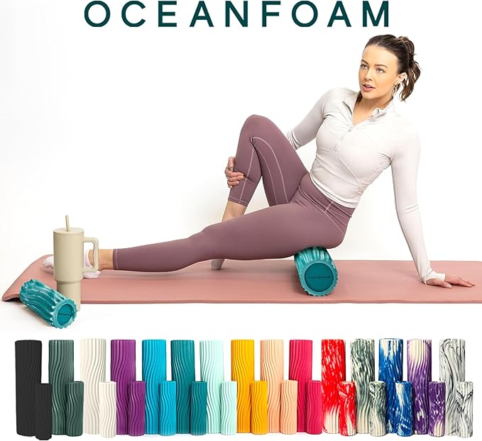 Oceanfoam Ripple Travel Foam Roller (11" x 3.35") Firm Mini Foam Roller for Physical Therapy, Deep Tissue Massage, Back Pain - High Density, Wave Textured - Yoga, Exercise (Jade & Seafoam Marbled)