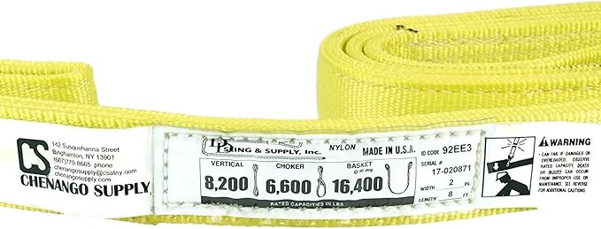 3 Ply Slings. Many Lengths in Listing! (USA Made), 2" x8' Nylon Lifting Web Sling. 8,200 lbs Vertical, 6,600 Choker, 16,400 Basket, High Capacity Eye & Eye (2" x8')