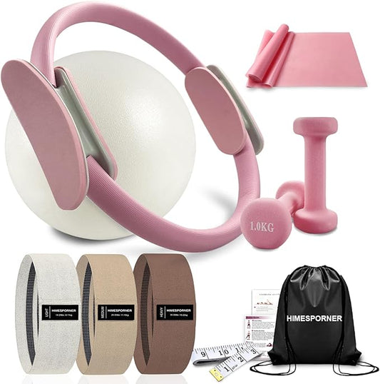 Pilates Equipment Kit for Home Workout, Pilates Ring and Ball Set with 2.2lb *2 Dumbbells, Fabric Resistance Bands, Tape Measure, Bag, Pilates Essentials Accessories for Women Yoga
