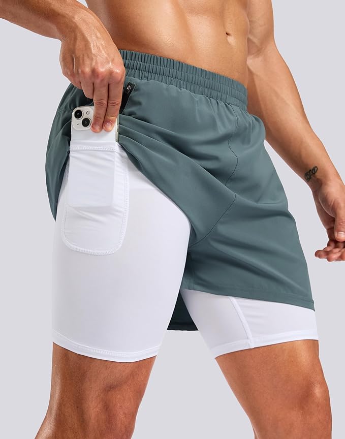 Pudolla Men's 7" Running Shorts with Zipper Pockets Quick Dry 2 in 1 Workout Gym Shorts with Liner for Tennis Yoga Training