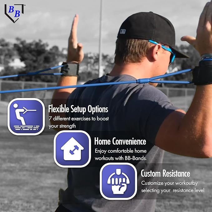 BB Bands Baseball Softball Resistance Training Bands - Arm Strength, Pitching Conditioning Equipment, 3 Strengths (Youth, Adult, Heavy), 7 Colors, Includes Anchor Strap, Door Mount, Bag, Workout Guide