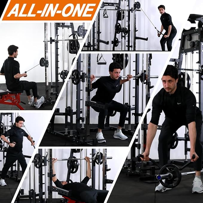 Power Cage 2300lbs Smith Machine Squat Rack with LAT-Pull Down System & Cable Crossover Machine, Training Equipment with Leg Hold-Down Attachment Weight Cage for Home Gym