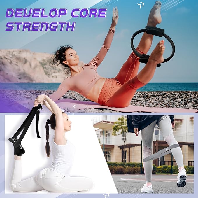 Poen 18 Pcs Pilates Ring Kit Home Pilates Ring Circle and Ball Set for Women Yoga Fitness Set with 5 Resistance Band Stretching Strap Non Slip Sock Ball Core Slider Wristband Headband Gym Bag(Black)