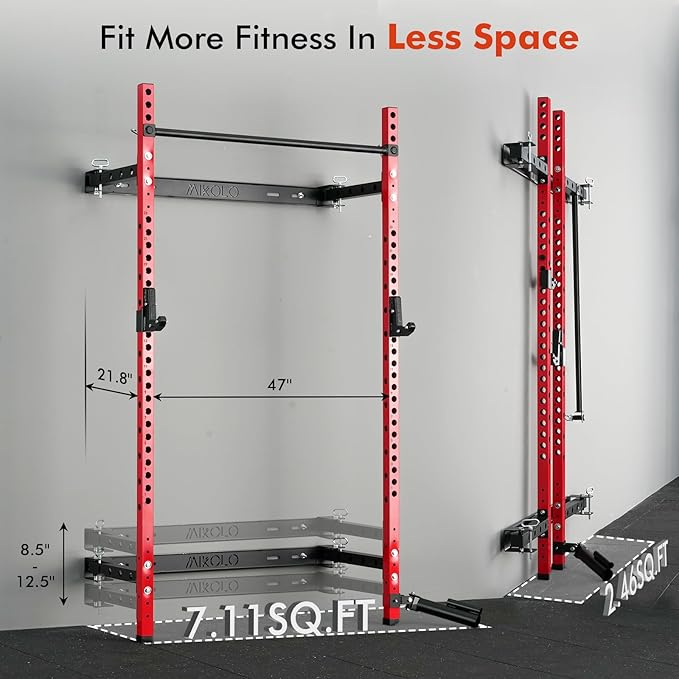 Mikolo 2" x 2" Folding Wall Mounted Squat Rack, 1000 Pounds Capacity Power Rack with Pull Up Bar, J Hooks and Other Attachments, Space-Saving Home Gym
