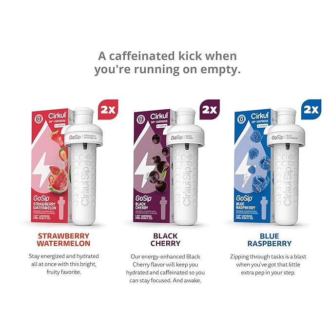 Cirkul GoSip Caffeine Flavor Water Variety Pack, Makes 36 Drinks, No Sugar, Zero Calorie Drink Mix, (2 Blue Raspberry, 2 Black Cherry, 2 Strawberry Watermelon)