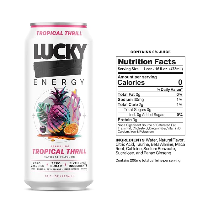 Lucky Energy Sugar Free Energy Drinks 16 Fl Oz Cans (12-Pack) Healthy Energy Drink. Tropical Thrill with Maca, Ginseng, Taurine, Beta-Alanine, 200mg Caffeine
