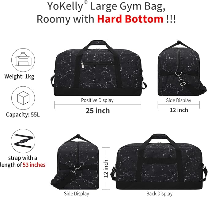 55L Mens Duffle Bag for Travel - 25 inch Sports Duffel Bag with Hard Bottom - Marble Black