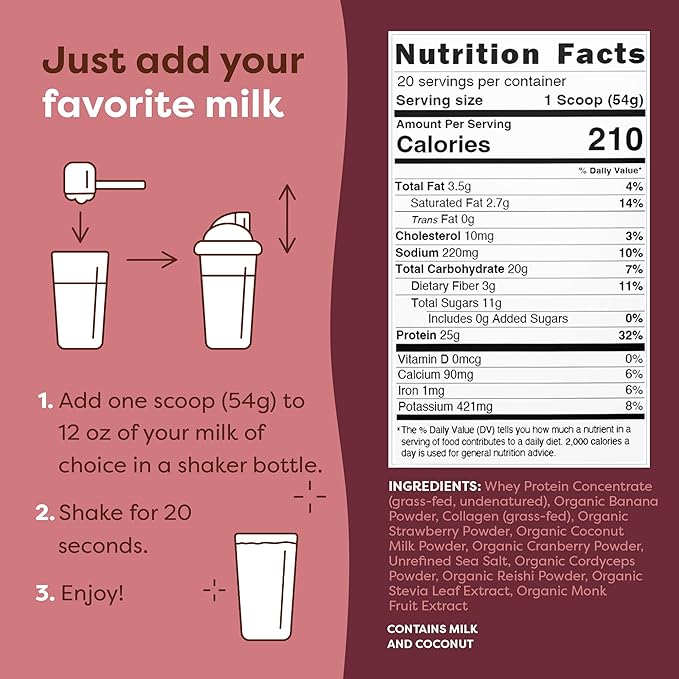 FlavCity Grass Fed Whey Protein Powder - Berries & Cream - 25g Protein & 10g Collagen - Made with Organic Strawberries & Coconut Milk - Gluten Free & No Added Sugars (20 Servings)