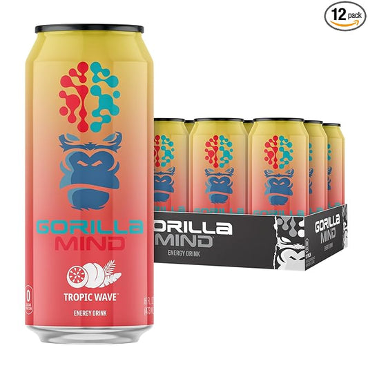 Gorilla Mind Energy Drink | Unmatched Energy · Amplified Focus | N-Acetyl-L-Tyrosine, Alpha-GPC, 200mg Caffeine, Uridine, Saffron | 0 Sugar Or Artificial Colors | 16oz, 12-Pack (Tropic Wave)