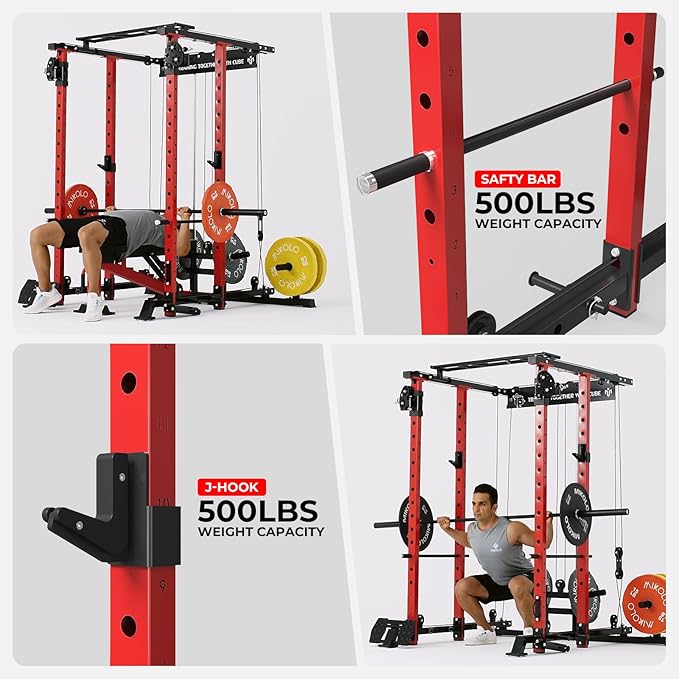 Mikolo Power Cage, 1500lbs Power Rack with LAT PullDown and Cable Crossover System, Squat Rack with Pulley System, Weight Cage for Home Gym with Training Attachments