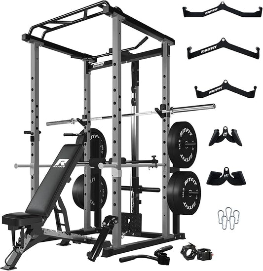 RitFit Power Cage with Optional LAT PullDown/Cable Crossover, 1000LB Squat Rack for Home & Garage Gym, with Weight Storage Rack and More Training Attachments, ASTM-Certified