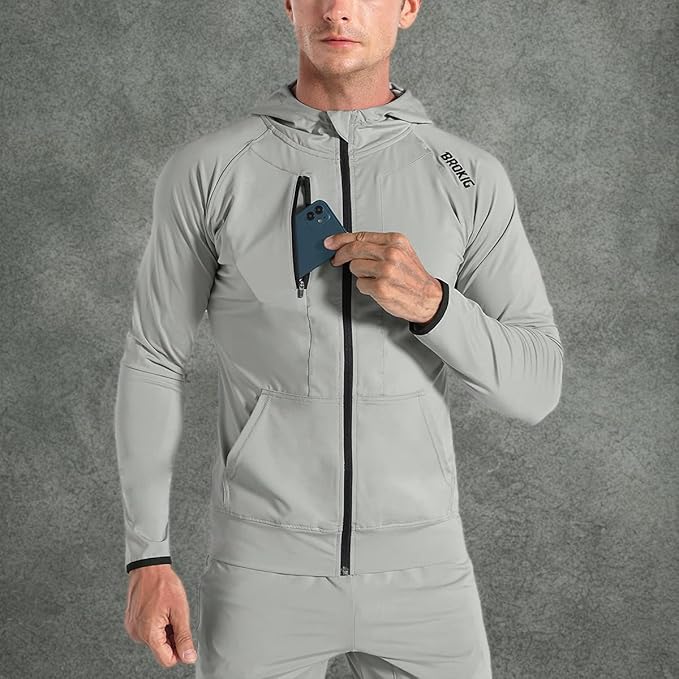 BROKIG Mens WindBreak Lightweight Running Jackets with Zip Pocket, Workout Track Hoodie Athletic Gym Sweatshirts Men