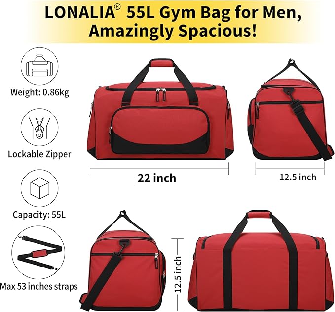 55L Large Gym Duffle Bag for Men - 22 inch Men's Sports Bag Heavy Duty Duffel Bag(Red)