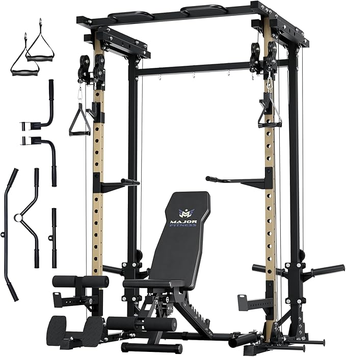 MAJOR FITNESS Drone3 Power Rack, Multi-Function Home Gym Squat Rack with Pull-Up Bar, Cable Crossover & J-Hooks, Heavy-Duty Steel Frame for Maximum Stability & Strength Training