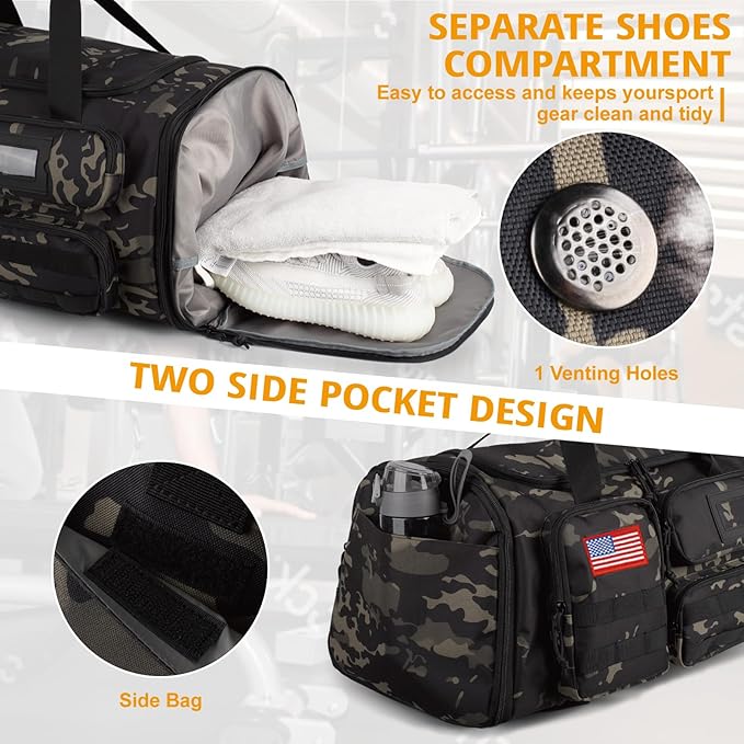 Expandable Gym Bag For Men,Tactical Large 3 in 1 Sports Duffle Bag With Shoes Compartment,Water Resistant Sports Gym Tote Bags Multi-functional Weekend Travel Backpack Overnight Bag