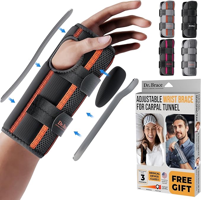 DR. BRACE Adjustable Wrist Brace Night Support for Carpal Tunnel, Doctor Developed, Upgraded with Double Splint & Therapeutic Cushion,Hand Brace for Pain Relief,Injuries,Sprains (L/XL Left Hand, Black-Orange)