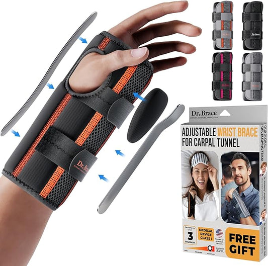 DR. BRACE Adjustable Wrist Brace Night Support for Carpal Tunnel, Doctor Developed, Upgraded with Double Splint & Therapeutic Cushion,Hand Brace for Pain Relief,Injuries,Sprains (S/M Right Hand, Black-Orange)