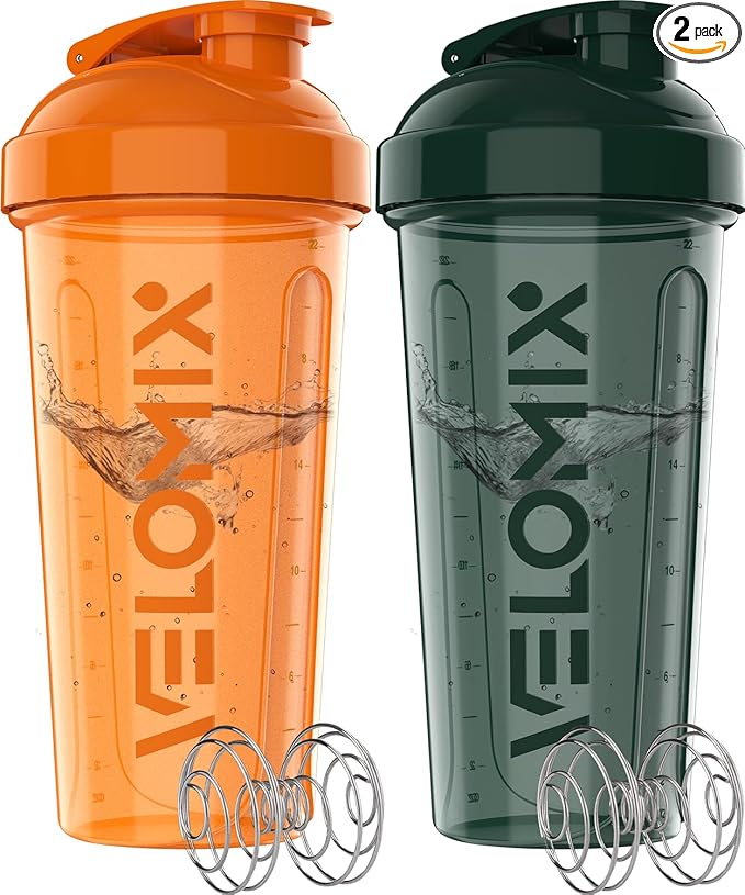 VELOMIX -2 Pack- 28 oz Protein Shaker Bottles for Protein Mixes - 2x Wire Whisk | Leak Proof Shaker Cups for Protein Shakes | Protein Shaker Bottle Pack | Shakers for Protein Shakes-Green&Orange