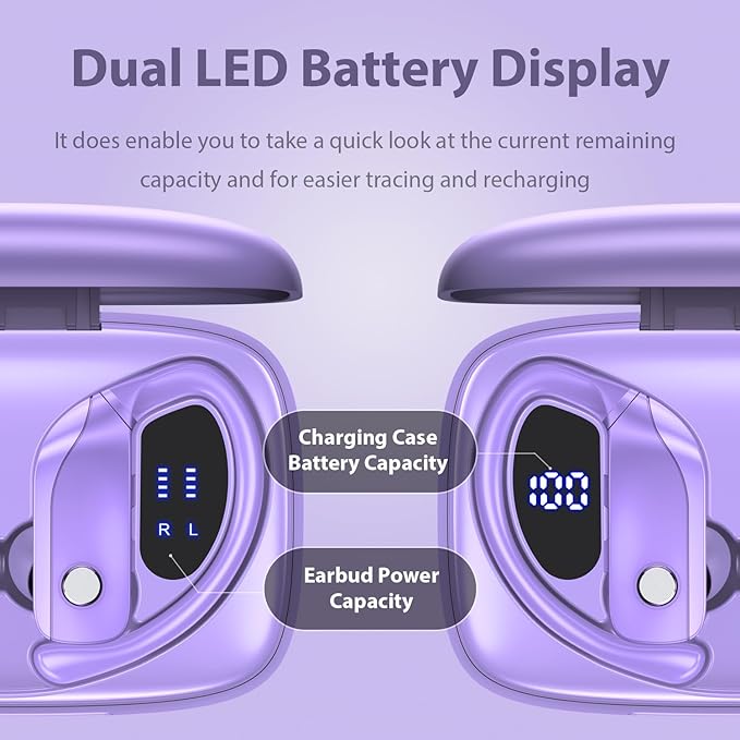 bmanl Wireless Earbuds Bluetooth Headphones 48hrs Play Back Sport Earphones with LED Display Over-Ear Buds with Earhooks Built-in Mic Headset for Workout Purple