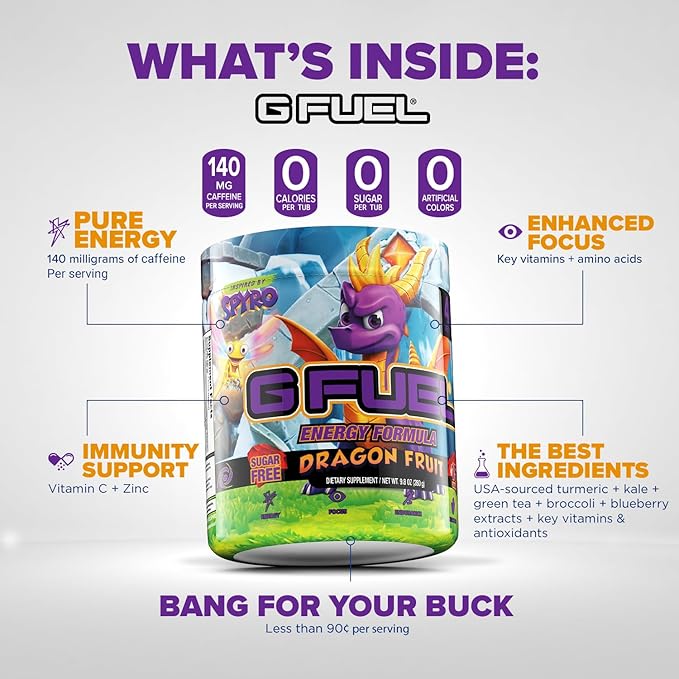 G Fuel Spyro The Dragon Energy Drink Powder, Pre Workout Caffeine Mix for Gaming, Sugar Free Focus Amino, Vitamin + Antioxidants, 9.8oz (Dragon Fruit, 40 Servings)