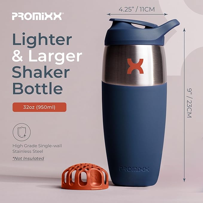 32oz Stainless Steel Protein Shaker Bottle – Leak-Proof Metal Shaker Cup with Snap-Fit Agitator for Smooth, Clump-Free Shakes – BPA-Free, Odor Resistant, Easy to Clean