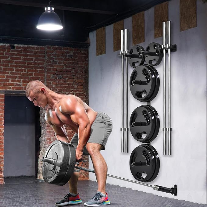 Wall Mounted Weight Plate Rack, Heavy Duty Olympic Barbell Holder & T Bar Row Landmine Attachment, 5 Pegs & 4 Barbell Storage, Space-Saving Home Gym Organizer