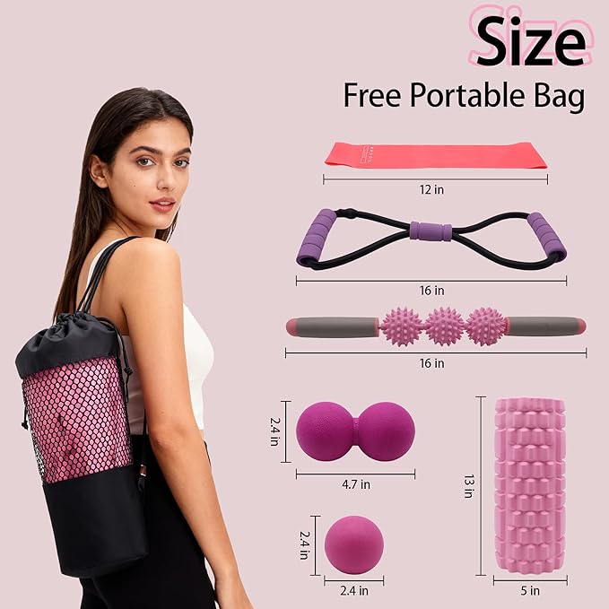 Foam Roller Set for Muscle Massage – 13"x5" Yoga Roller, 16" Spiked Massage Stick, 2.4" Ball, 2.4"x4.7" Peanut Ball, 16" Figure-8 Band & 12" Resistance Band with Foam Handles for Fitness & Recovery