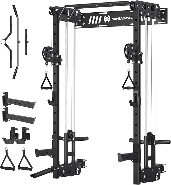 Wall Mounted Power Rack – 1600LB Capacity Compact Commercial Home Gym with Dual Cable Crossover, LAT Pulldown, Multi-Grip Pull-Up Bar & Landmine Attachment for Small Spaces, P67 Striker Red