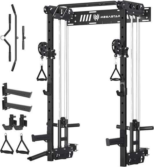 Wall Mounted Power Rack – 1600LB Capacity Compact Commercial Home Gym with Dual Cable Crossover, LAT Pulldown, Multi-Grip Pull-Up Bar & Landmine Attachment for Small Spaces, P67 Striker Red