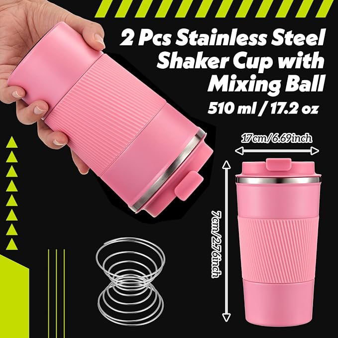 Maxdot 2 Pcs Stainless Steel Shaker Cup with Mixing Ball 17 oz Insulated Metal Blender Tumbler Water Bottle for Protein Mixes Gym Workout Coffee Drink (Pink)
