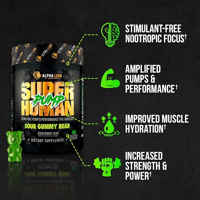 ALPHA LION Superhuman Pump Pre Workout Powder, Nootropic Caffeine & Stim Free Preworkout Supplement, Nitric Oxide Booster, Muscle Gainer, Energy & Focus (42 Servings, Sour Gummy Bear)