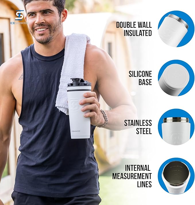 Ice Shaker Insulated Stainless Steel Shaker Bottle | 26oz, White | Cold for 30+ Hours | Insulated Cup with Twist-on Agitator | Odor-Free Bottle for Protein Shakes, Water, Smoothies, Cocktails