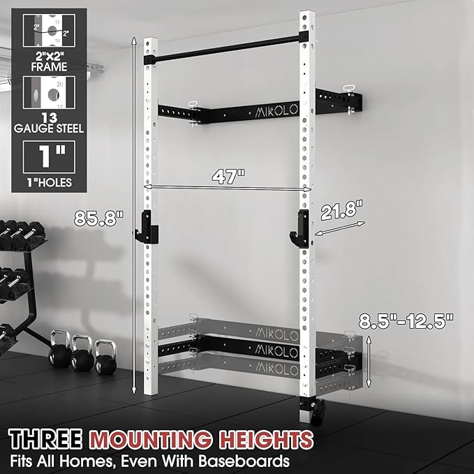 Mikolo 2" x 2" Folding Wall Mounted Squat Rack, 1000 Pounds Capacity Power Rack with Pull Up Bar, J Hooks and Other Attachments, Space-Saving Home Gym