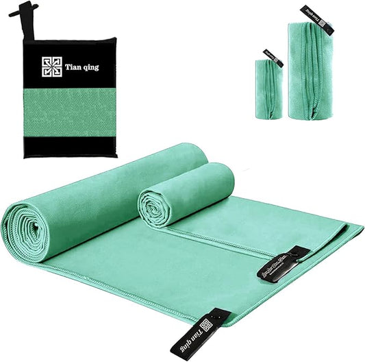 Tian qing Microfiber Camping Towel Set, 2 Pieces, Fast Drying, Soft Touch, Lightweight, Multiple Sizes for Beach, Gym,Hiking, Pool, Yoga,Travel,Turquoise