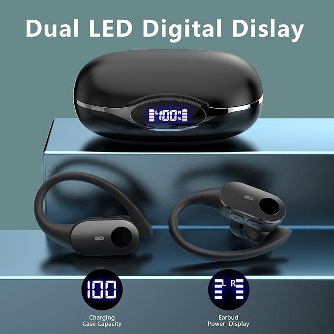 Wireless Earbuds Bluetooth Headphones, 80H Battery with Charging Case, Bluetooth 5.3, Physical Buttons, Real-Time Translation APP, Sport Ear Hooks for Running/Gym/Travel(Black)
