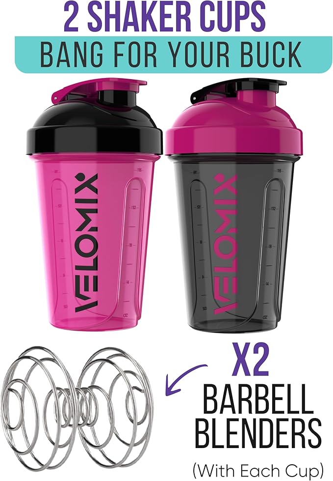 VELOMIX -2 Pack- 20 oz Protein Shaker Bottles for Protein Mixes - 2x Wire Whisk | Leak Proof Shaker Cups for Protein Shakes and Pre Workout | Protein Shaker Bottle Pack (Black/Pink)