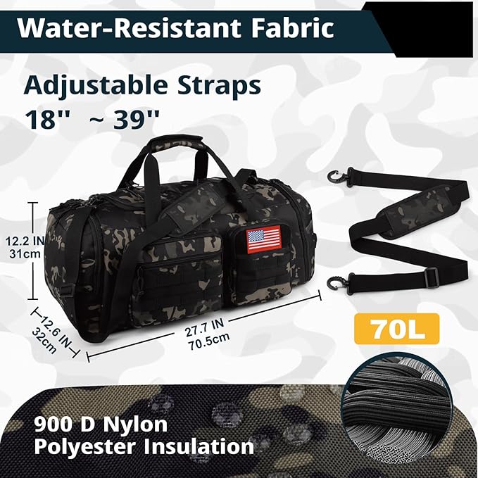 Tactical Gym Bag for Men,70L Large 3 in 1 Sports Duffle Bag with Shoes Compartment for Travel,Water Resistant Travel Backpack Weekender Overnight Bag with Wet Pocket for Women