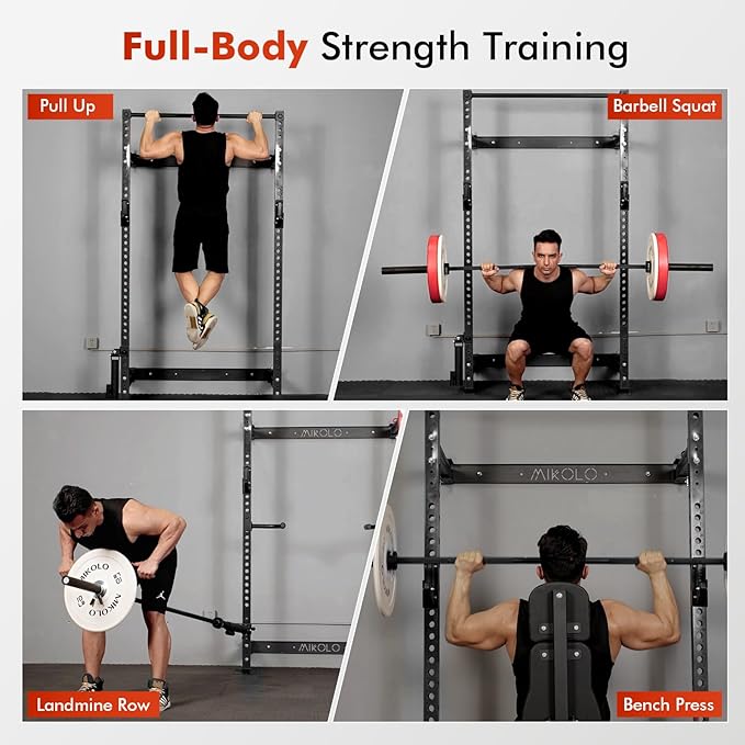 Mikolo 2" x 2" Folding Wall Mounted Squat Rack, 1000 Pounds Capacity Power Rack with Pull Up Bar, J Hooks and Other Attachments, Space-Saving Home Gym