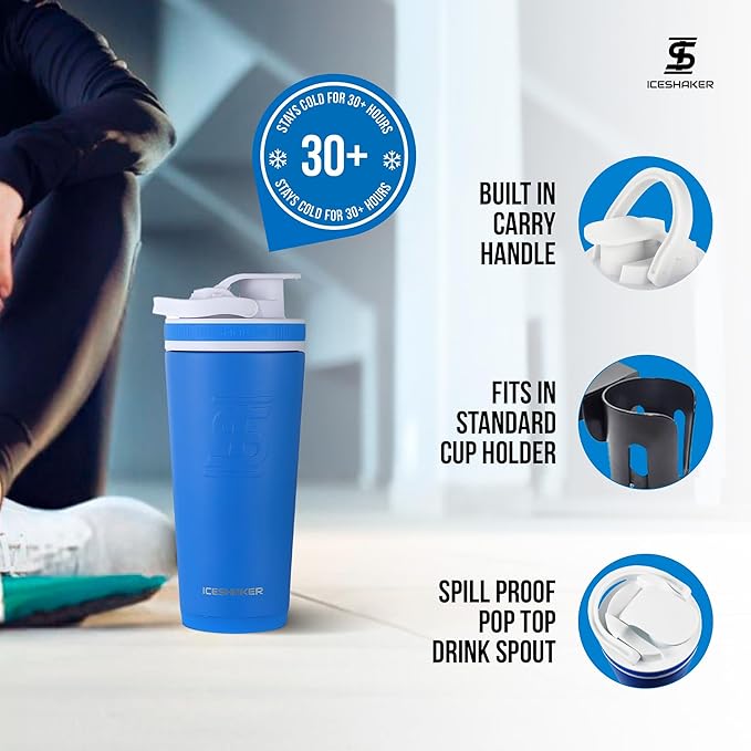 Ice Shaker Insulated Stainless Steel Shaker Bottle | 26oz, Royal | Cold for 30+ Hours | Insulated Cup with Twist-on Agitator | Odor-Free Bottle for Protein Shakes, Water, Smoothies, Cocktails
